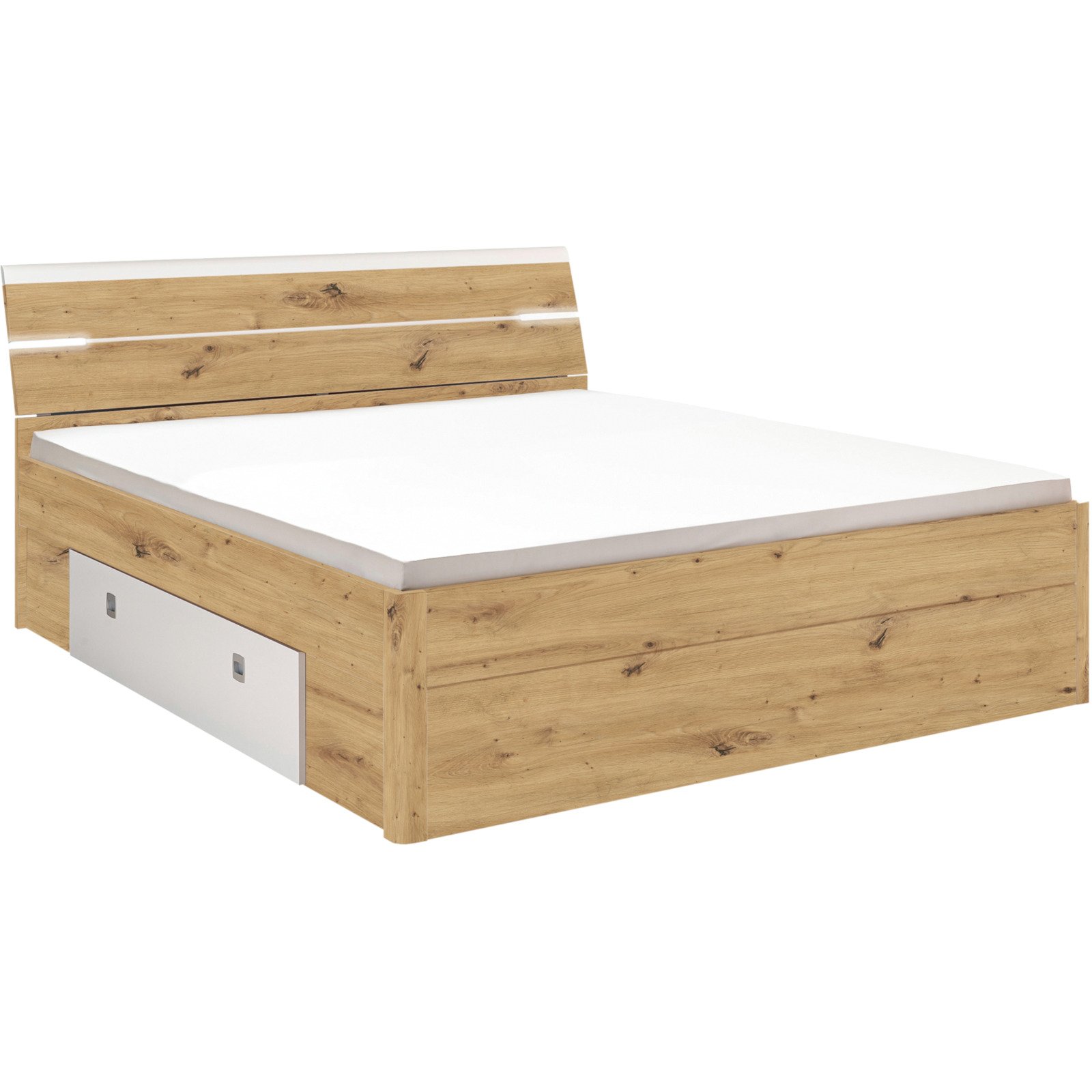 Bett Mars Dekor Artisan Eiche/weiss 180 x 200 cm, mit Stauraum und Nachttisch