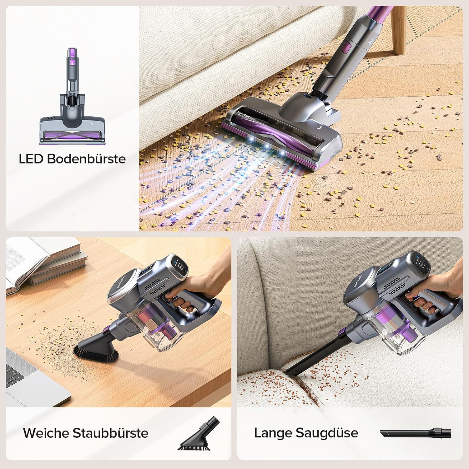 Lubluelu 27000pa Akku-Staubsauger, 220W Akku-Staubsauger, 50min Laufzeit mit 2 Anti-Trennbürsten und 2 Hartbodenfiltern