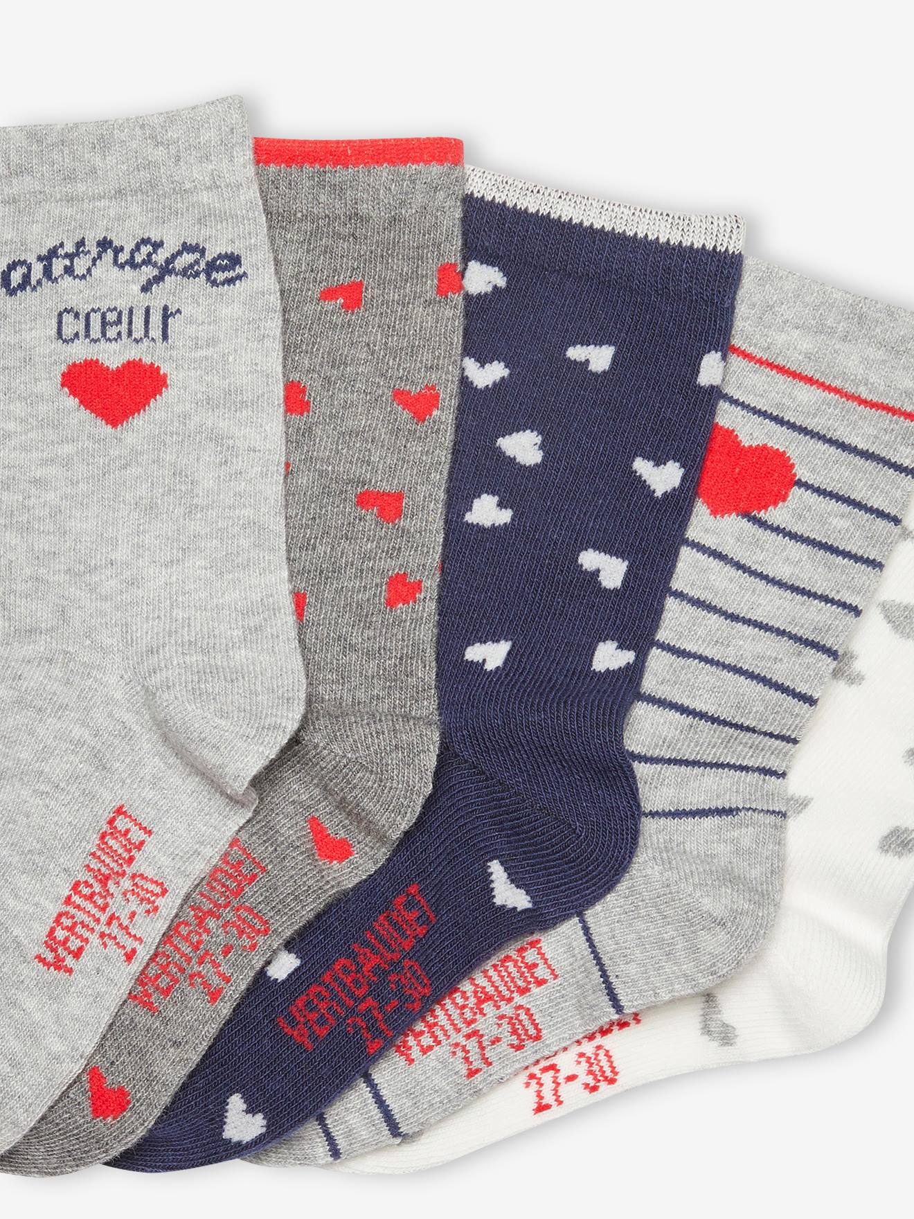 Pacote com 5 pares de meias Hearts, estampa azul escura, para meninas.