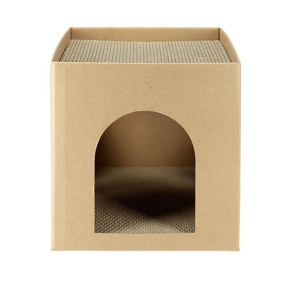 Couchage et grattoir chat carré en carton avec herbe à chat 31x29xH31cm