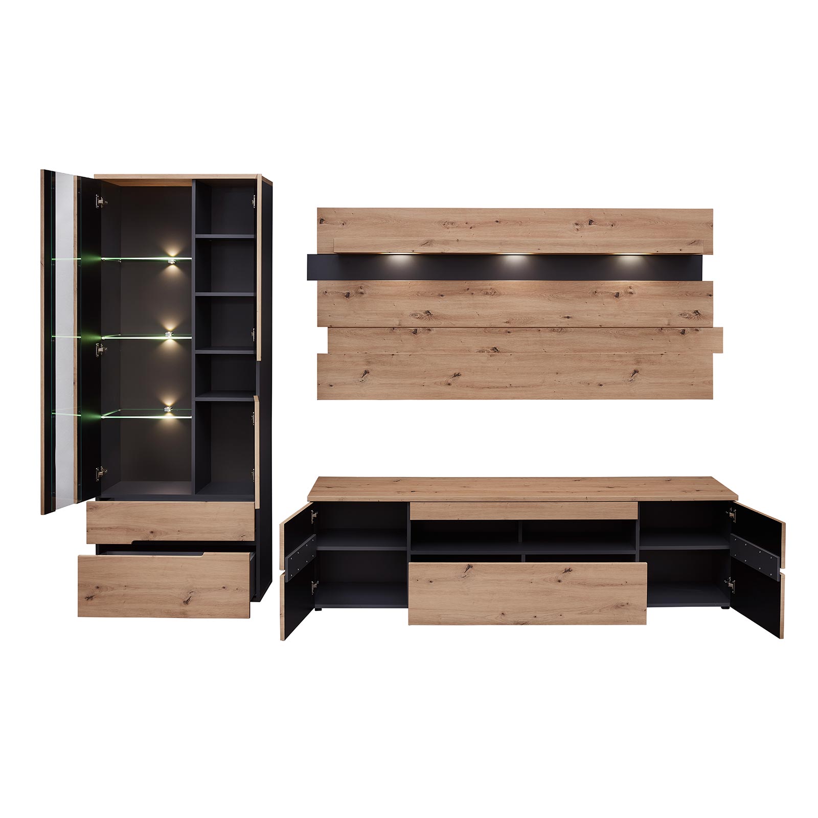 3-teilges Wohnwand-Set - Artisan Eiche-graphit - mit LED-Beleuchtung