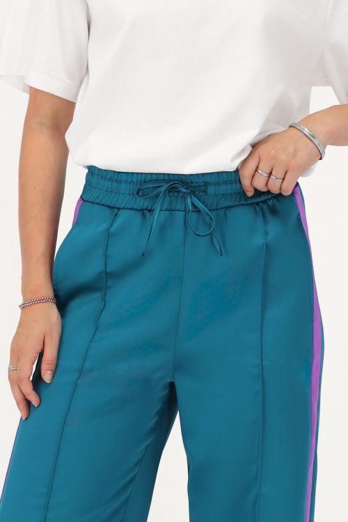 Petrol satijnen wide leg broek met paarse tape