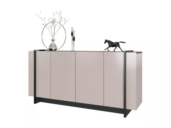 Buffet Bas 4 Portes Blanc Ecru et Noir 6 Niches L 160 H 79.7 P 42.5 cm
