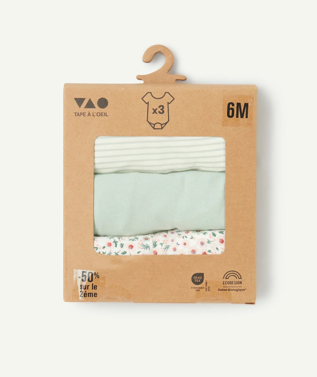 LOT DE 3 BODIES BÉBÉ EN COTON BIOLOGIQUE IMPRIMÉS RAYURES ET FLEURI