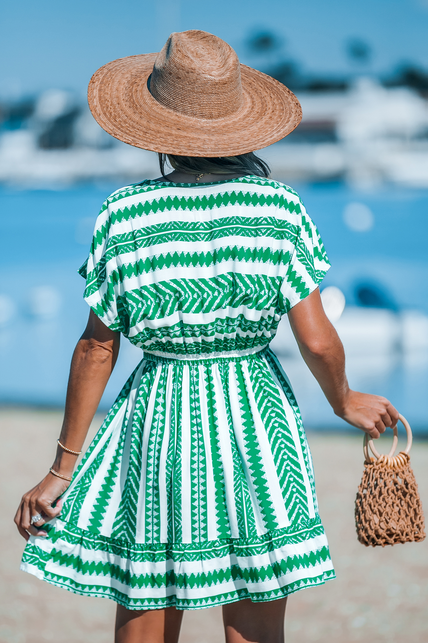 Robe cover up mini à manches dolman géométrique verte