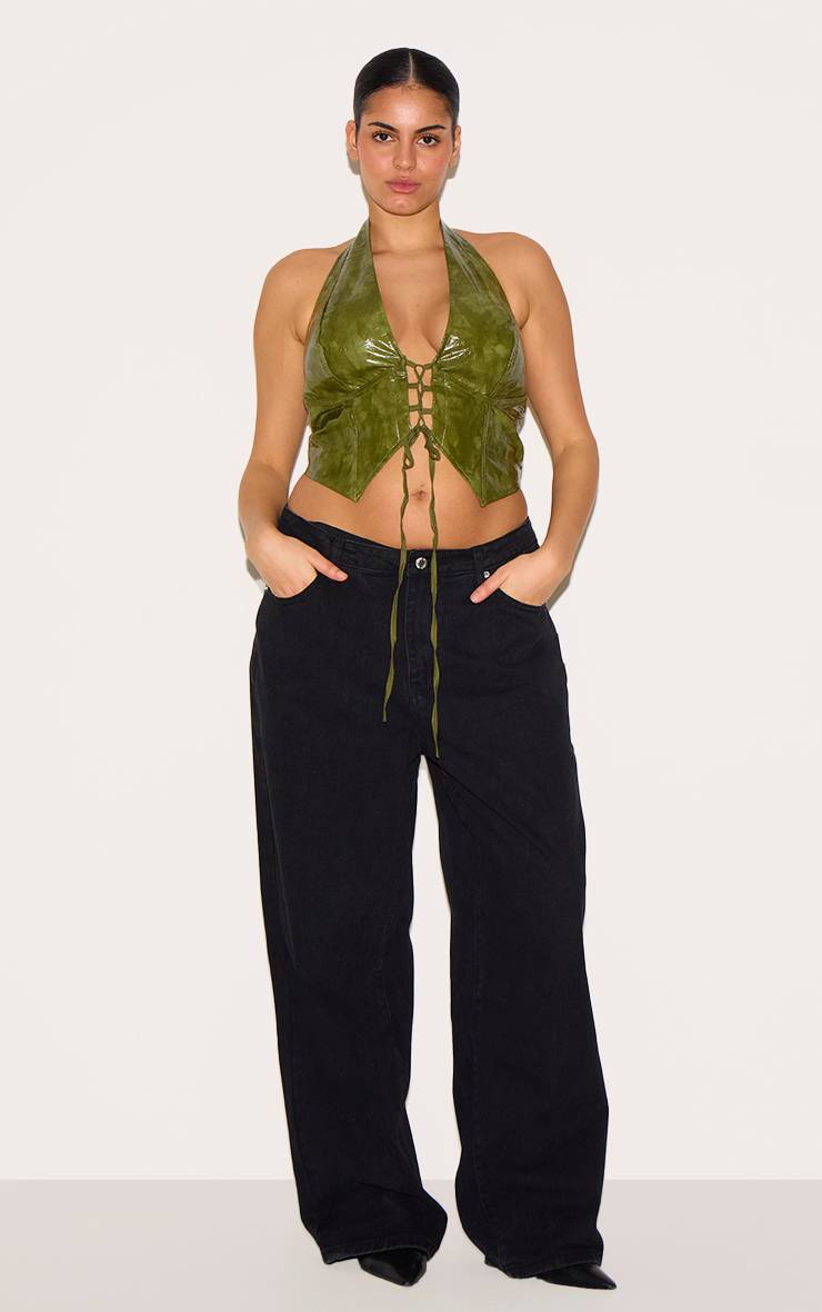 Washed Olive Haut Grande Taille Col Licou Plongeant En Synthétiquecuir Effet Délavé Avec Laçage