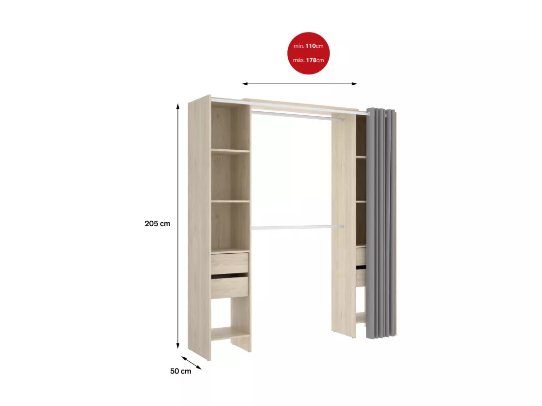 Grande Garde-robe Dstrak, Meubles de chambre, Penderie de plain-pied, Placard à vêtements, 180x50 h205 cm, Chêne clair