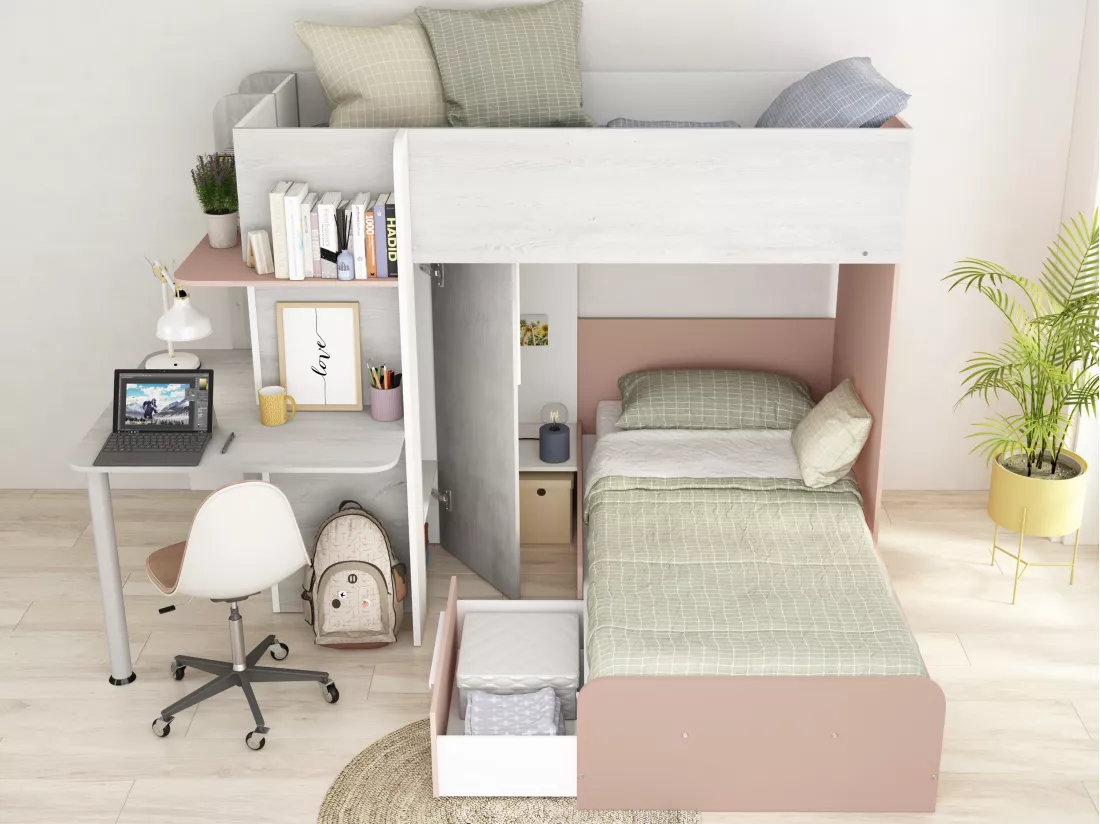 Lits superposés d'angle 2 x 90 x 190 cm - Avec bureau - Gris, blanc et rose + Matelas - SAMUEL