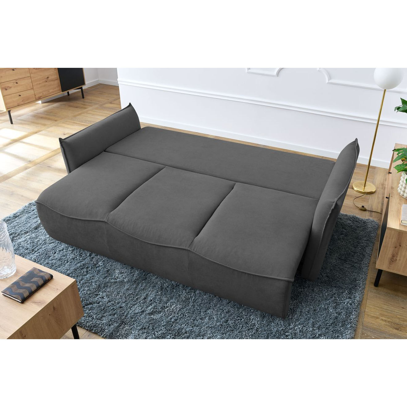 Bobochic Canapé 3 places convertible coffre Bouclette Leon gris foncé - 226x97x90 cm