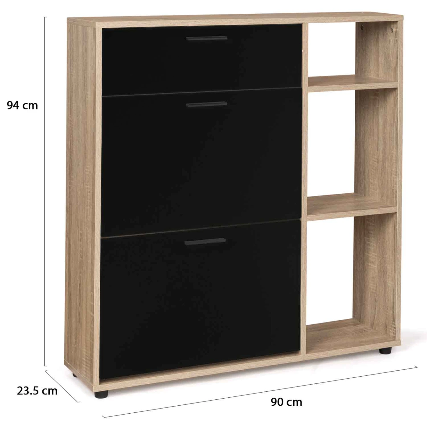 Meuble à chaussures 12 paires KLARK imitation hêtre 2 portes et 1 tiroir noirs avec étagères
