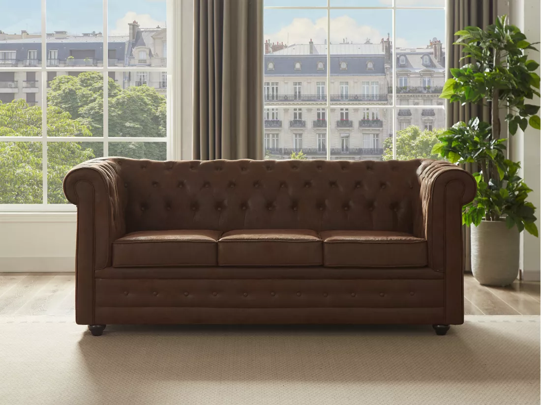 Canapé 3 places convertible en microfibre aspect cuir vieilli CHESTERFIELD