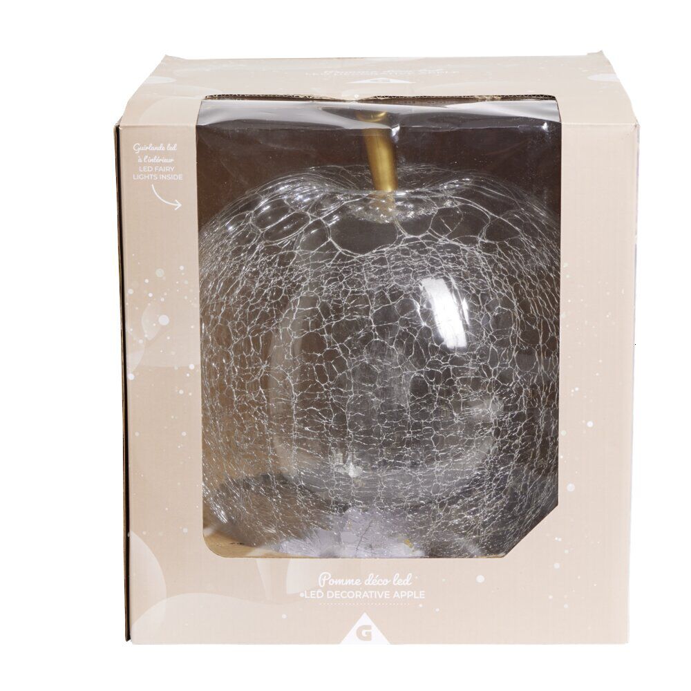 Décoration LED en verre pomme effet craquelé transparent Ø7xH8cm