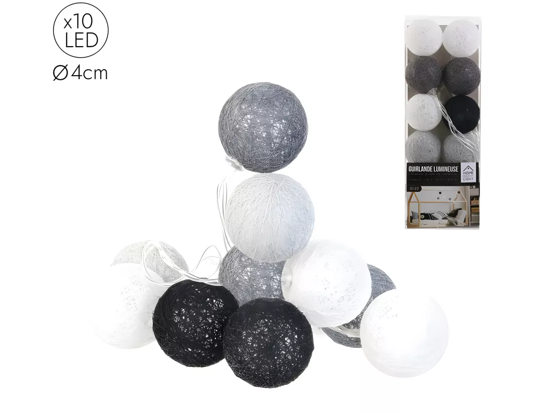 Guirlande Boule 10 Led Gris Noir Blanc 4x192cm 8 8