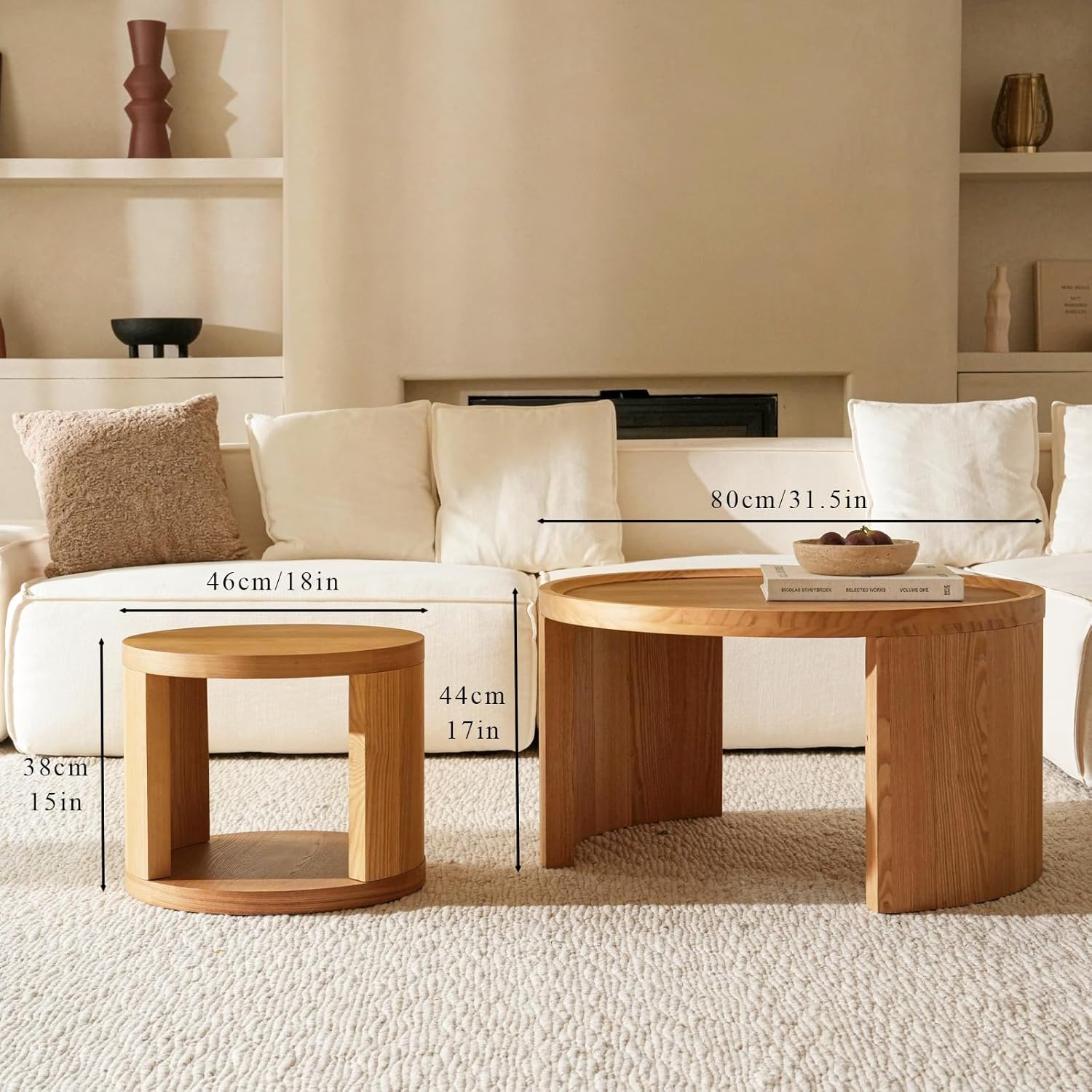 Couchtisch Rund 2er Set,Runder Couchtisch Holz,Wohnzimmertisch Rund Modern,Kaffeetisch Set aus Holz,Couchtisch Rund mit Stauraum,Sofatisch & Beistelltisch für Wohnzimmer,Ø80+Ø46 cm,Natur