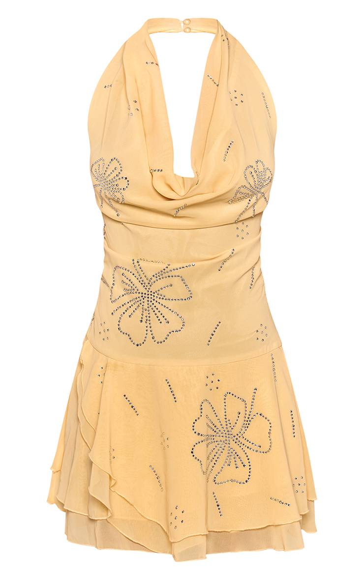 Citron Robe Courte Droite À Volants Avec Col Drapé Et Ornements En Mousseline
