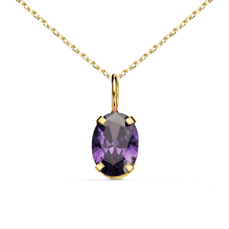 Collier - Pendentif Or Jaune 18 Carats 750/000 - Zirconium Améthyste - Chaine Dorée