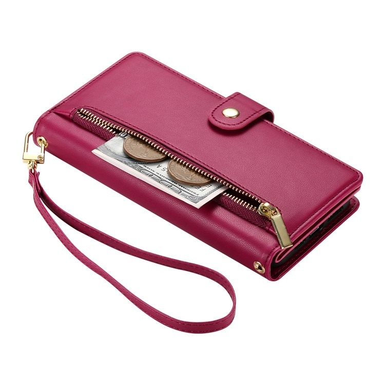 iPhone 16e Leder Tasche Flip Cover mit Reissverschluss   Handschalufe - Pink