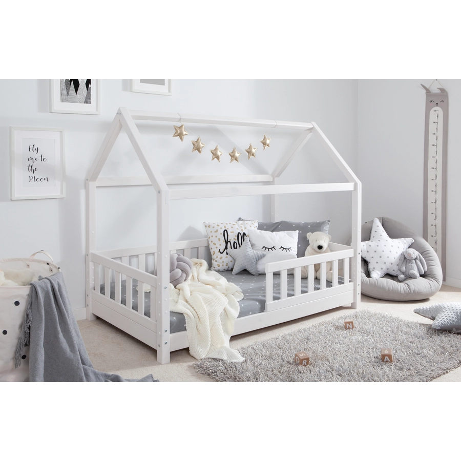 TICAA Kinderbett Hausbett Kay 80x160 Kiefer weiß Weiß