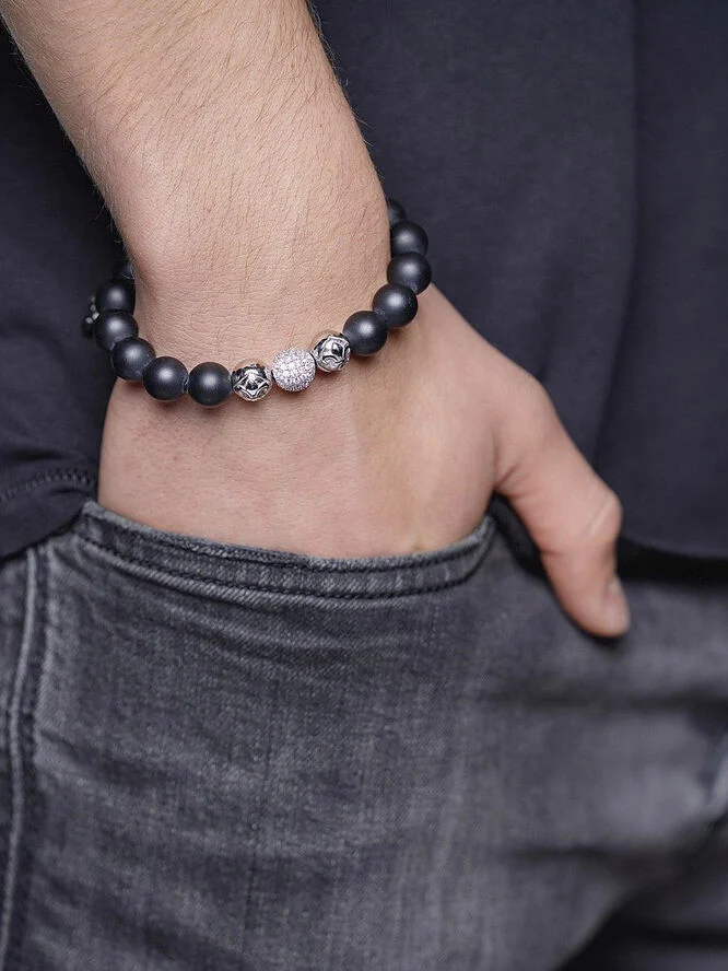 Nialaya Men's Beaded Bracelet with Matte Onyx and Stainless Steel Black