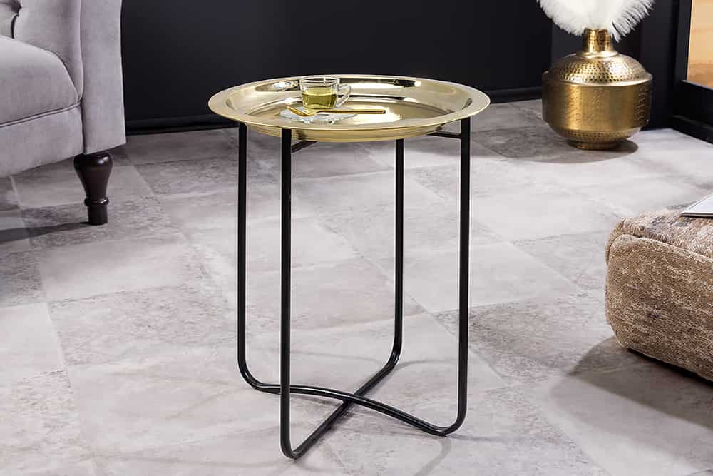 Runder Beistelltisch CASABLANCA 50cm messing gold schwarz Tablett abnehmbar klappbar