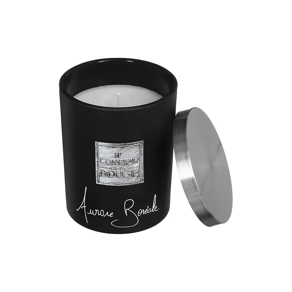 Bougie parfumée noire avec couvercle Aurore Boréale 210g