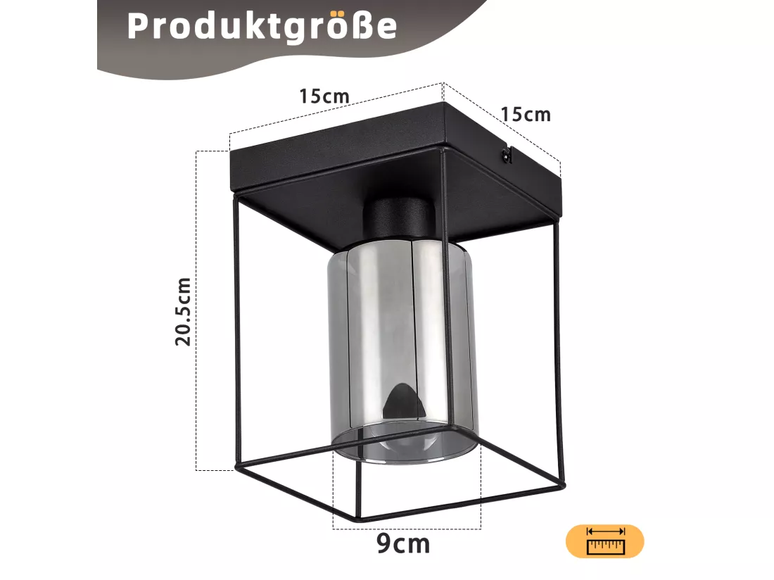 NETTLIFE Plafonnier couloir plafonnier verre 1 ampoule E27 vintage avec métal noir style industriel rétro
