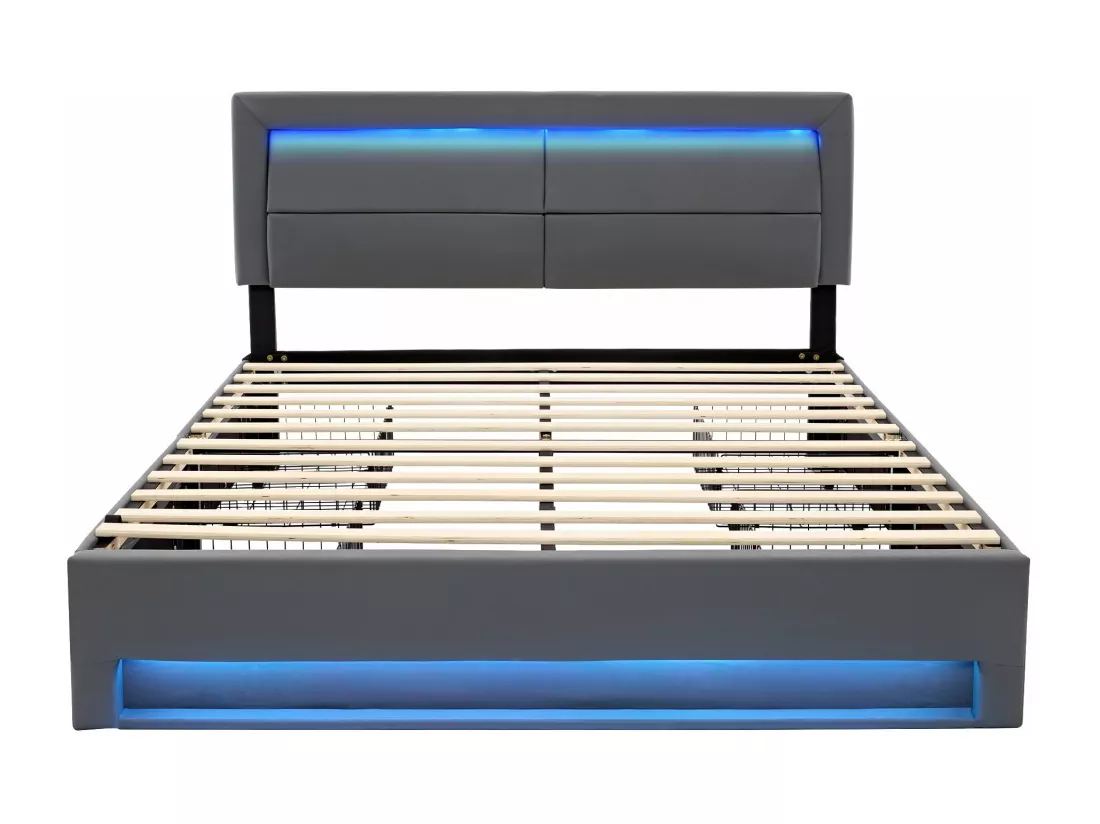 Lit rembourré 140 x 190 cm avec port USB (supporte le chargement sans fil et filaire), avec éclairage LED et quatre tiroirs de rangement, gris