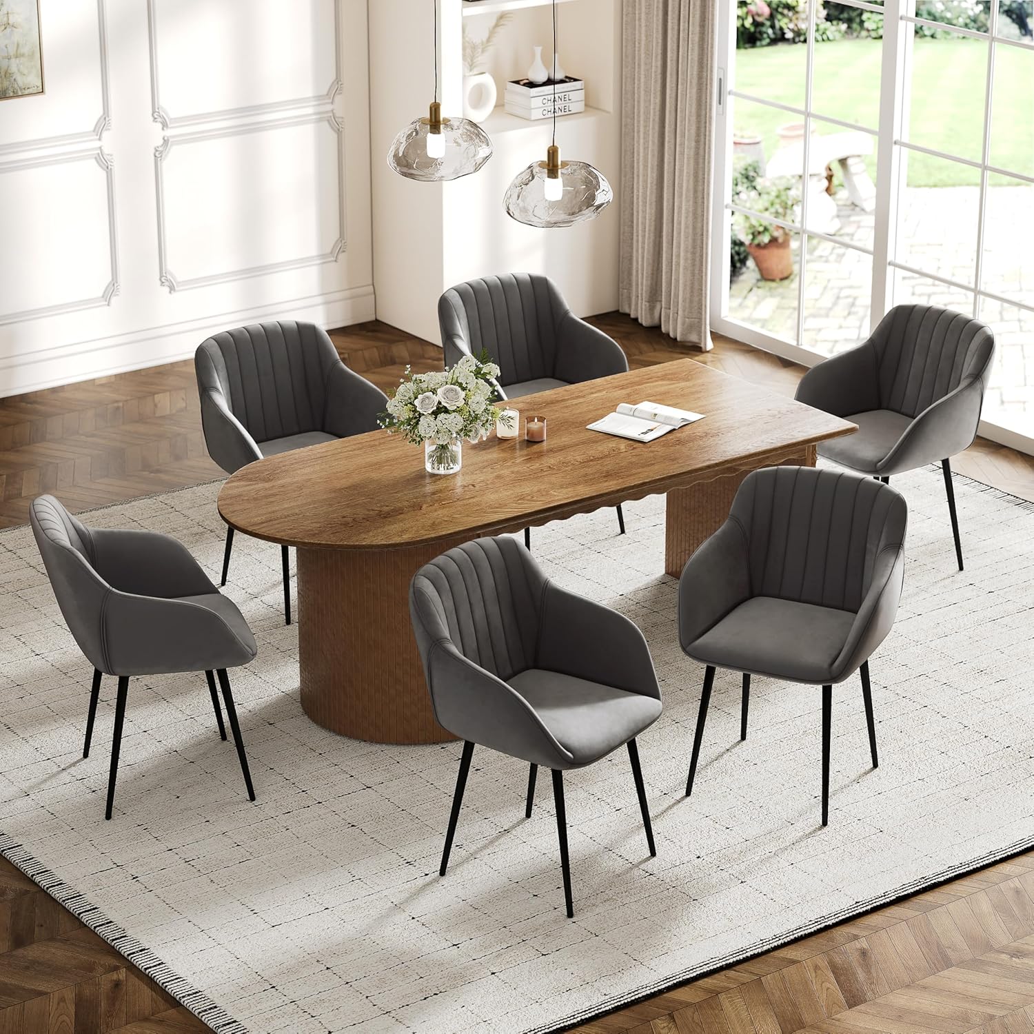 Esszimmerstühle mit Armlehne 6er Set aus Samt Polsterstuhl Küchenstuhl Stühle Esszimmer Wohnzimmerstuhl mit Gepolstertem Sitz Metallbeine, Dunkelgrau