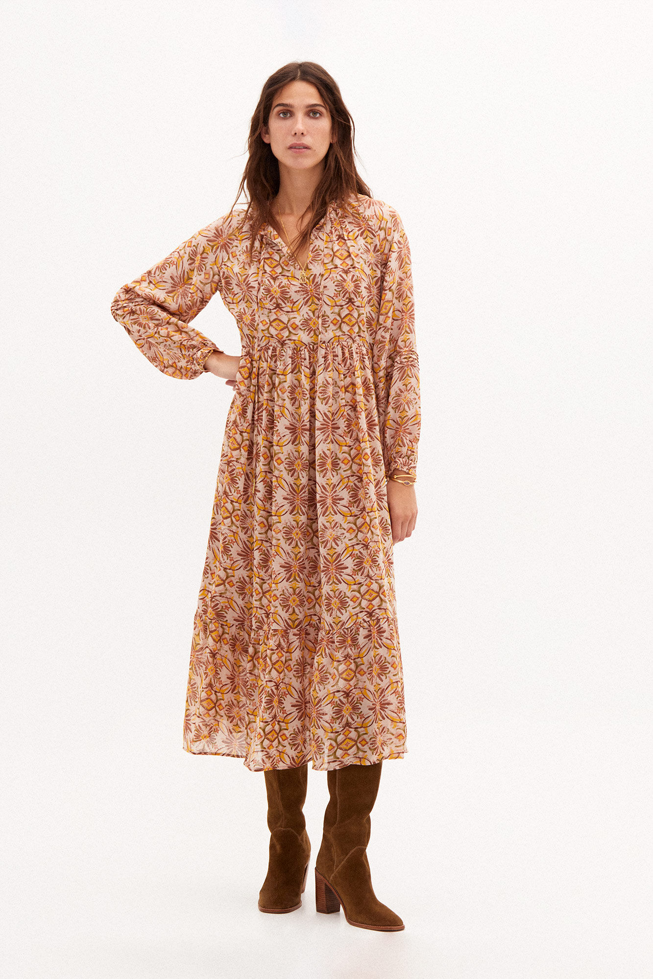 Vestido midi estampado Alexia - Bege