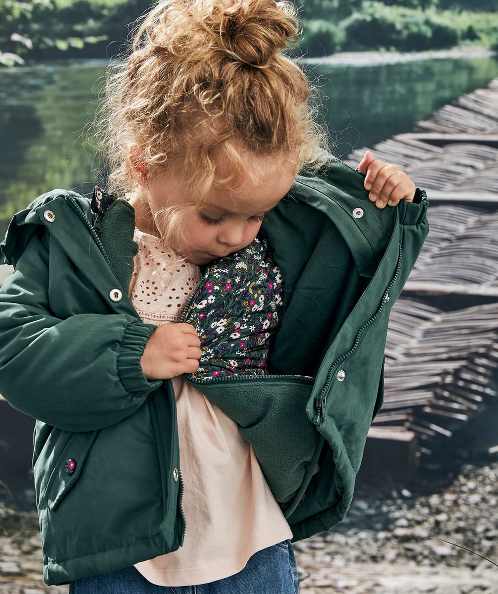 PARKA 3 EN 1 BÉBÉ FILLE EN REMBOURRAGE RECYCLÉ VERT ET FLEURI
