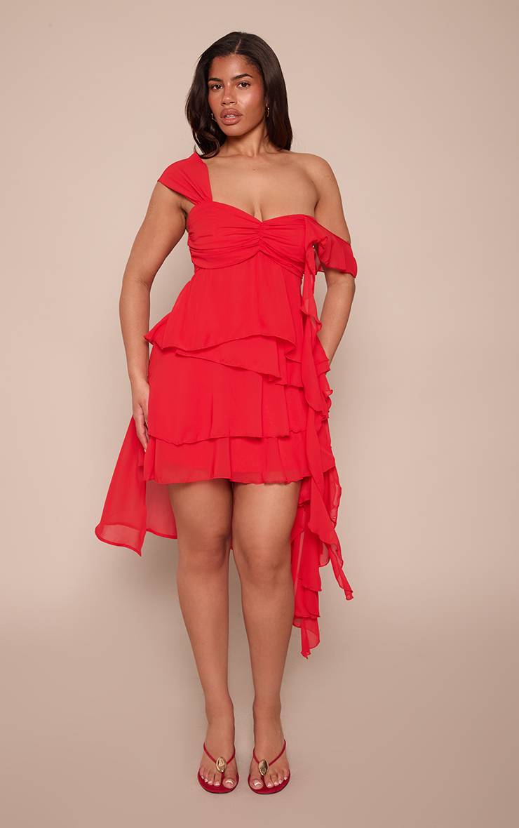 Rouge Robe Courte Trapèze À Épaules Dénudées Avec Détail Drapé Sculptant