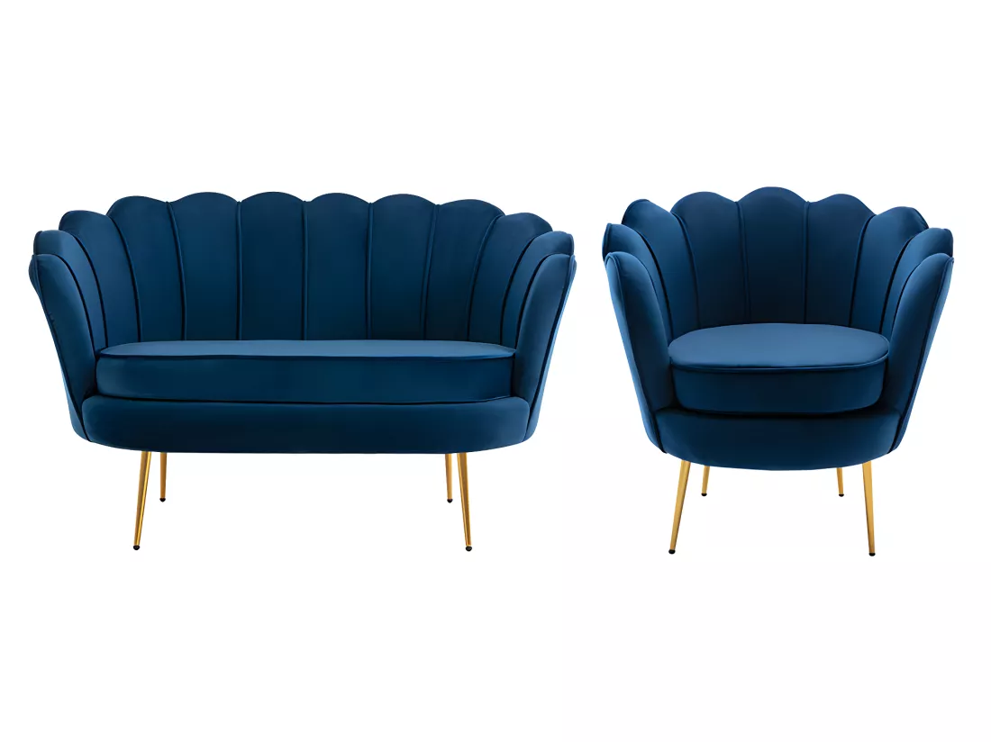 Canapé 2 places et fauteuil coquillage en velours bleu nuit DANDELION de Pascal Morabito
