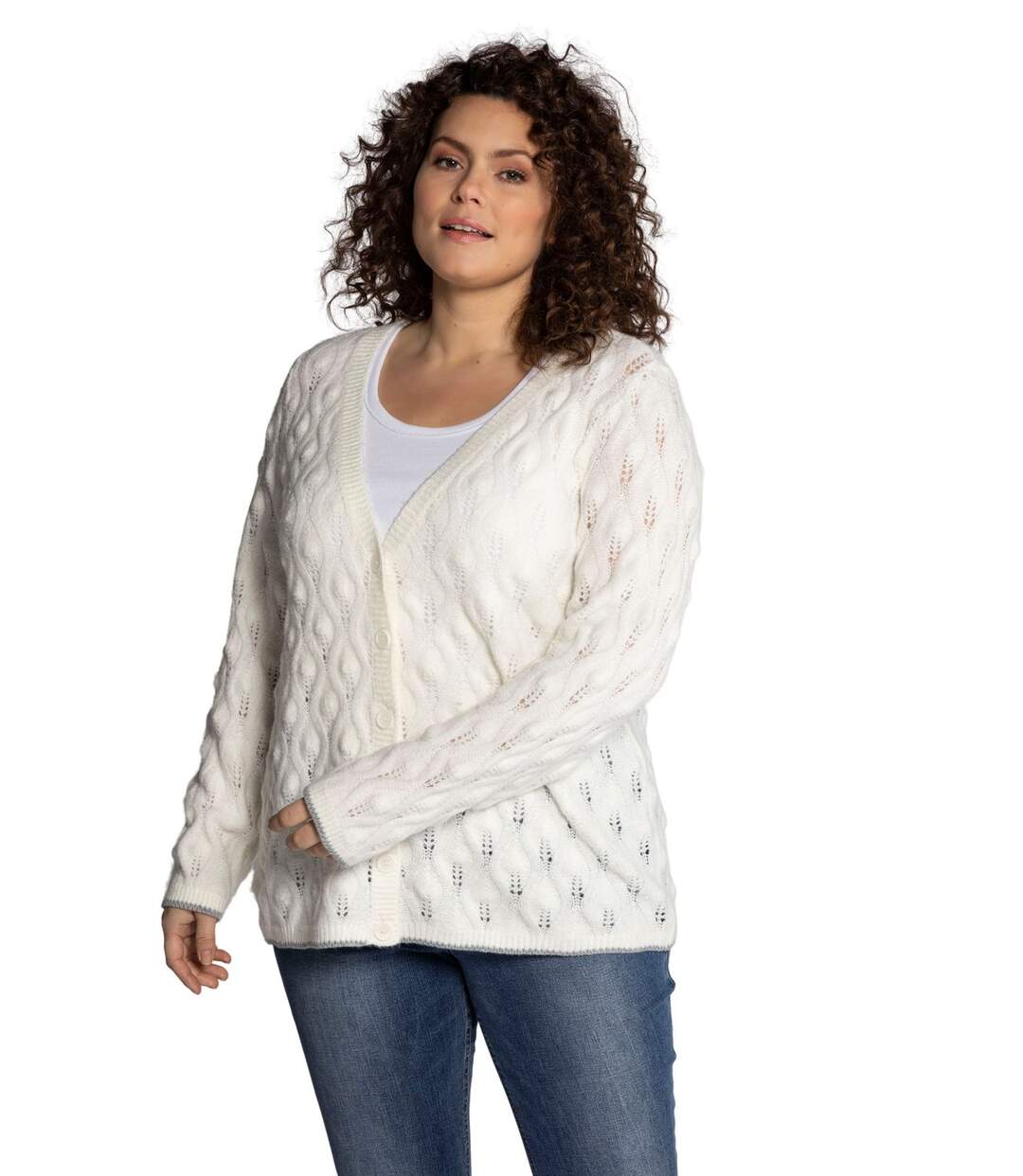 ULLA POPKEN Cardigan motif ajouré bords colorés blanc doux et moelleux NEUF