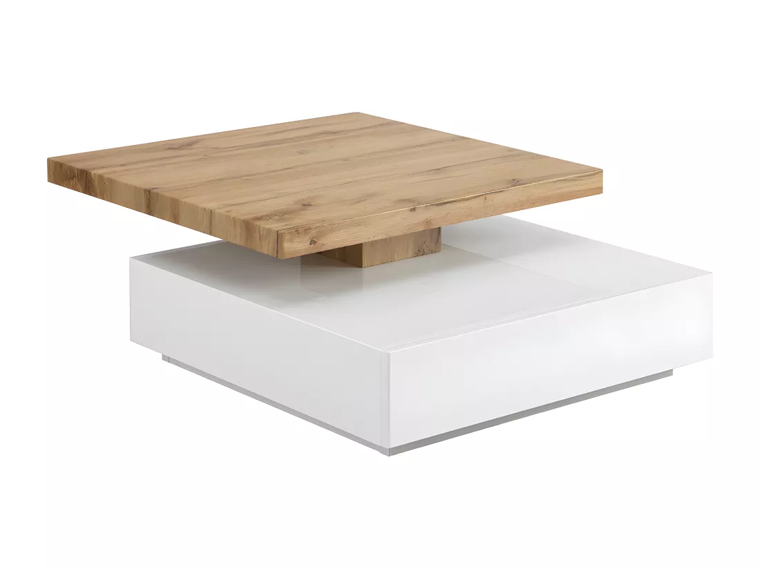 Table basse pivotante avec 1 tiroir en MDF - Blanc et Naturel - KYRIA
