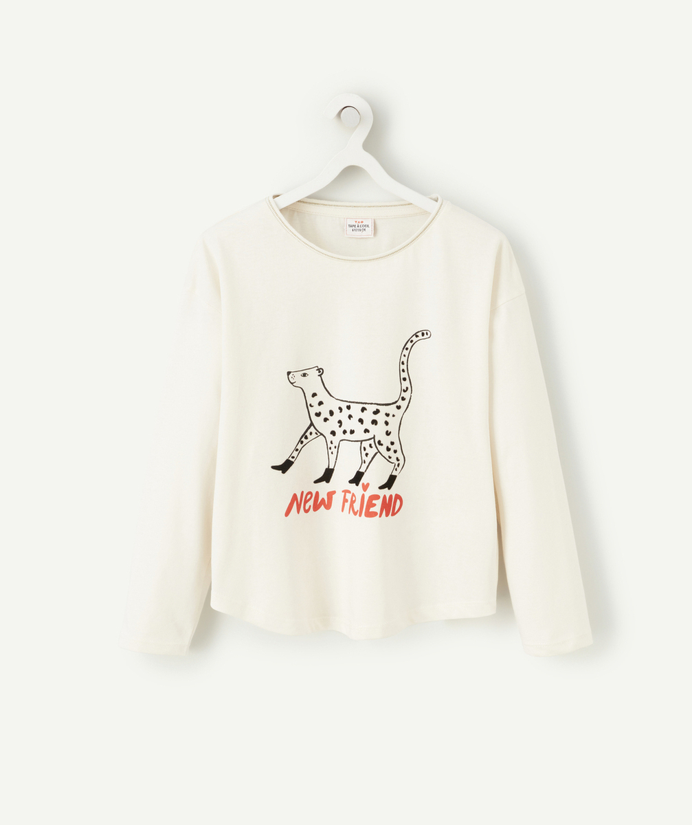 T-SHIRT FILLE EN COTON BIO ÉCRU AVEC LÉOPARD ET MESSAGE