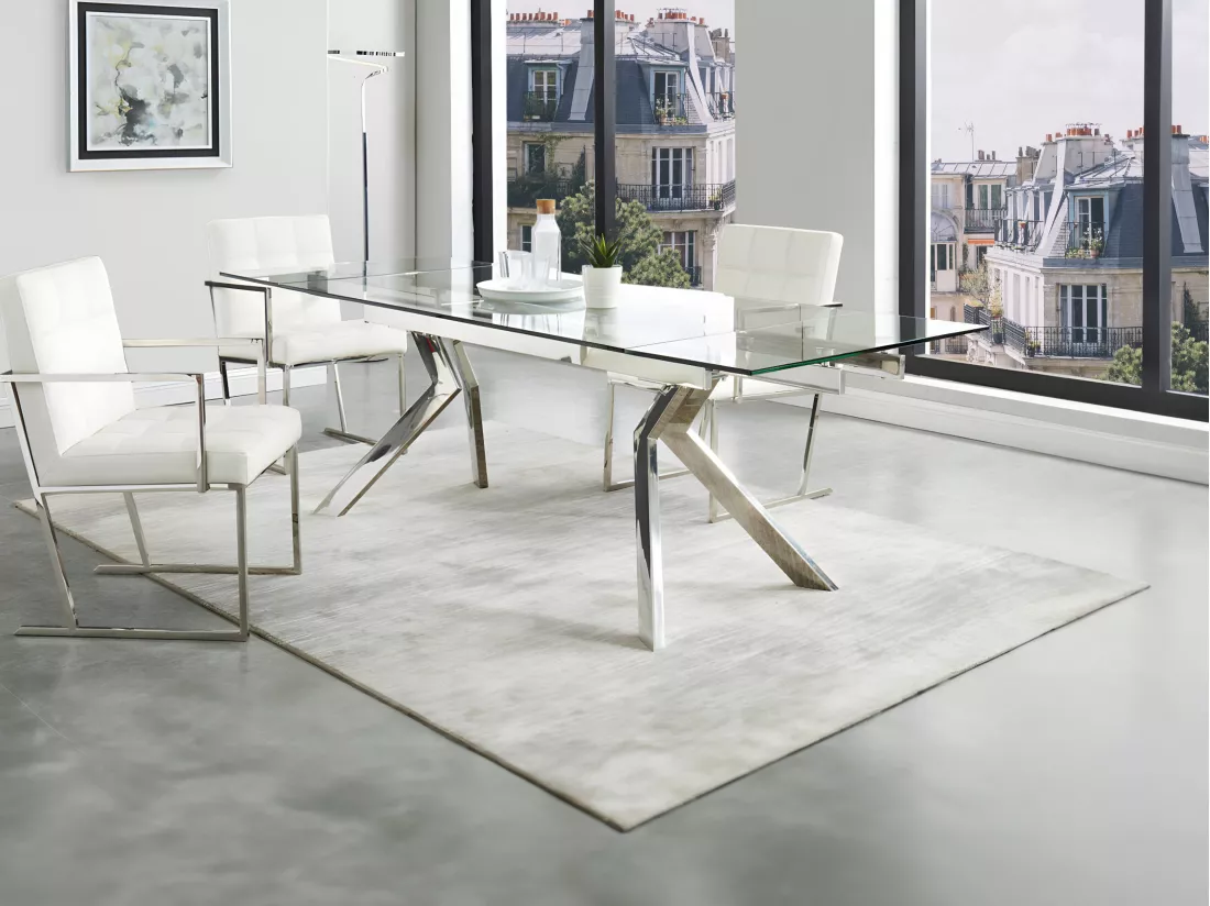Table à manger extensible VELIKA - Verre trempé & métal - 6 à 8 personnes