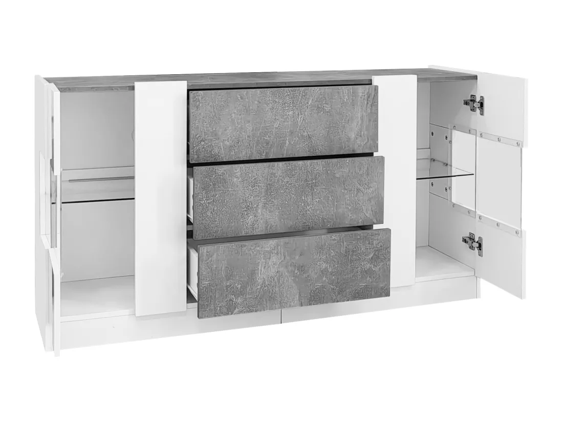 Buffet avec LED - 2 portes et 3 tiroirs - façade blanche brillante et aspect marbre gris - Blanc
