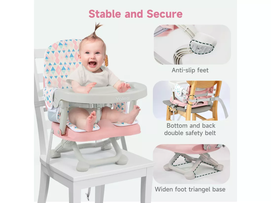 YOLEO Réhausseur Chaise Enfant Pliable, Chaise Haute Bébé Portable, Bébé Chaise repas en Hauteur Réglable, Plateau Amovible, 6 mois à 3 ans, Rose avec Coussin