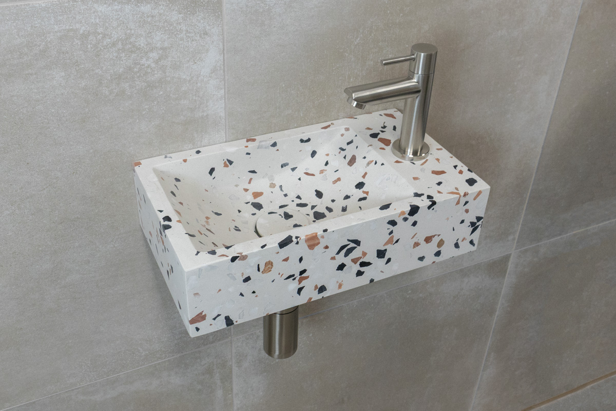 Saniclear Terrazzo fonteinset met rechte kraan in RVS