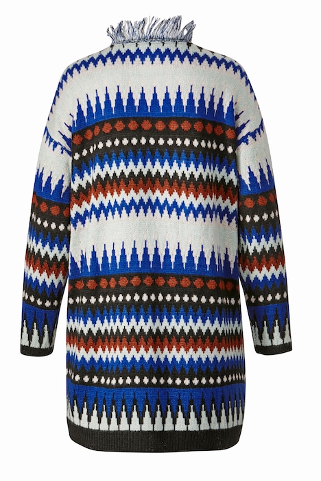 Long-Strickjacke, oversized, Zackenmuster, offene Form, Fransenkante