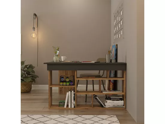 Bureau d'angle Rosaline en bois anthracite-chêne pour un espace de travail moderne