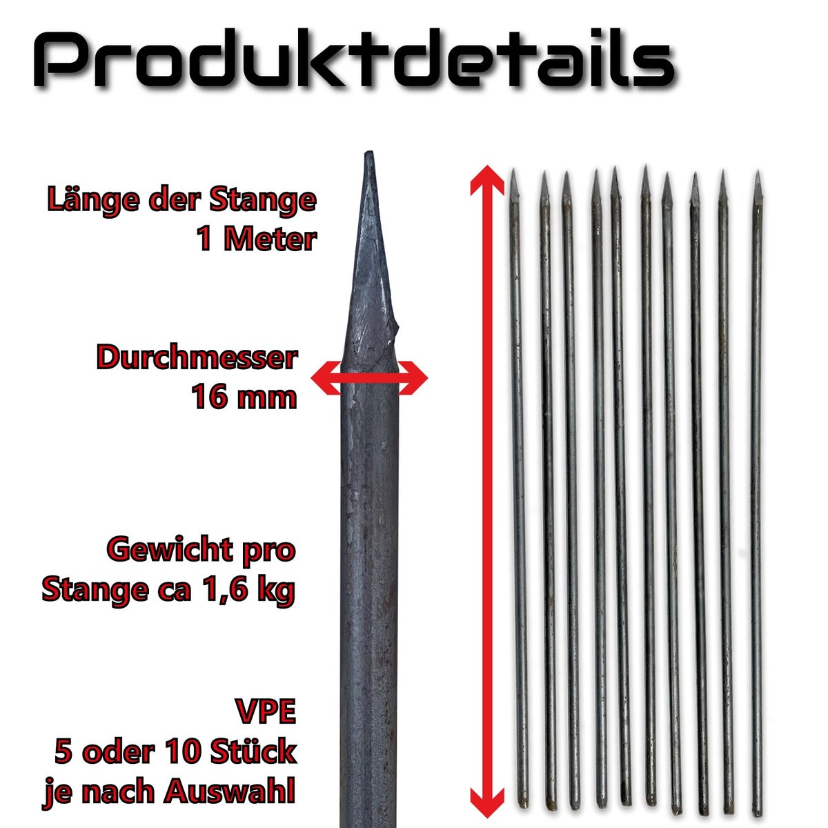 UVEN gesmede aarden nagel als snaarijzer, snaarnagel, snaarpaal, snaarstaaf 1000 mm / 18 mm / 10 stuks, metselijzer, bestratingsnaald