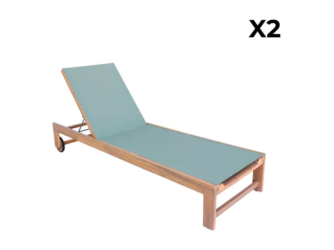 Lot de 2 bains de soleil en bois d'acacia et textilène kaki. multi positions avec roulettes