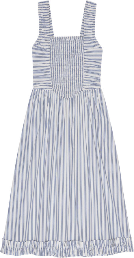 Ganni Stripe Cotton Midi Strap Smock Dres Egret