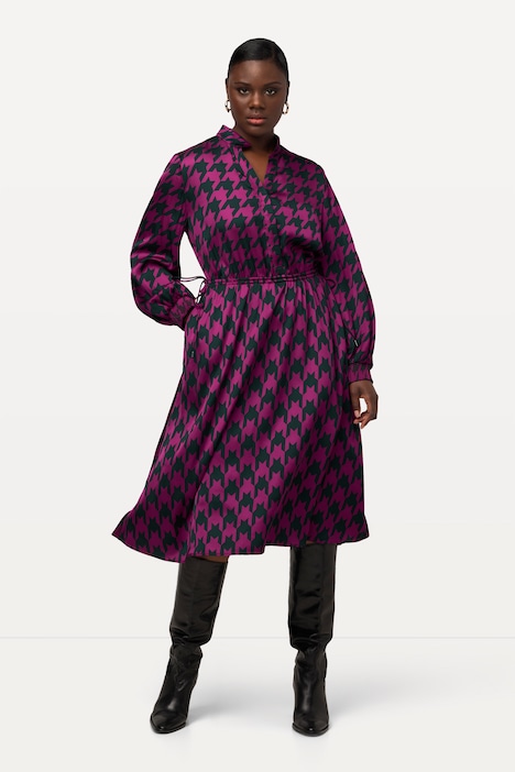 Midikleid, Hahnentrittmuster, V-Ausschnitt, Langarm