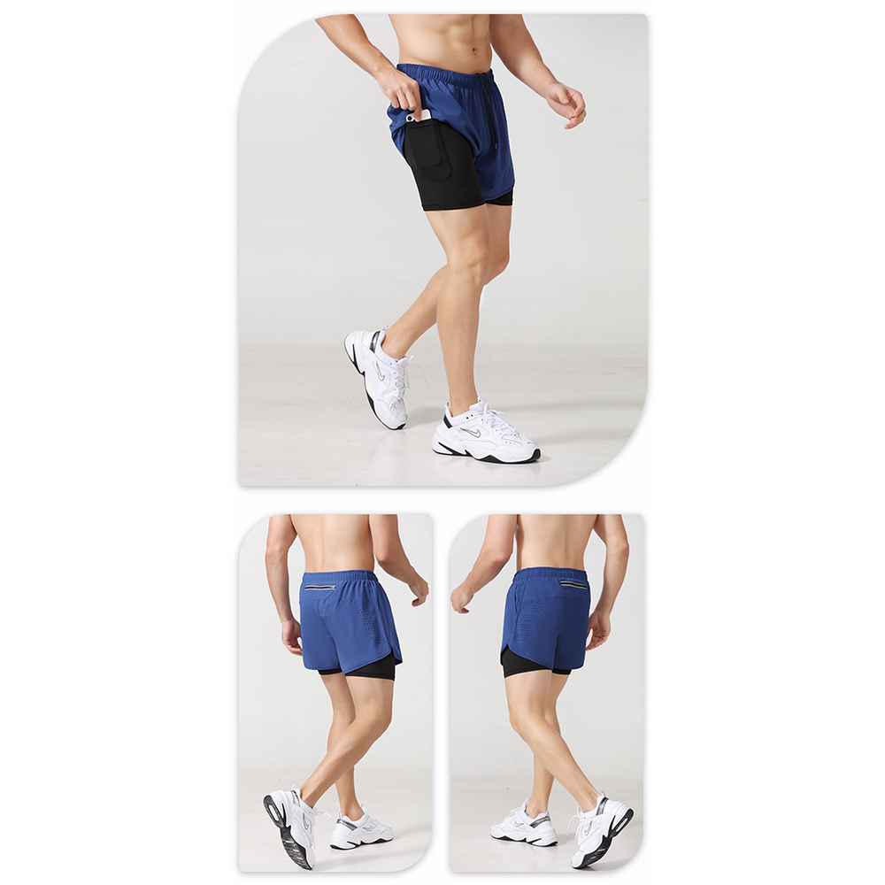 (Gr. M) Sport Shorts Kurze Hose mit Versteckter Tasche - Blau / Schwarz