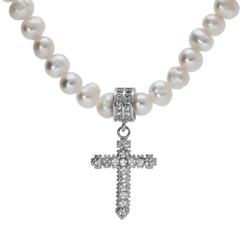 Collier femme perle de culture d'eau douce et pendentif croix argent