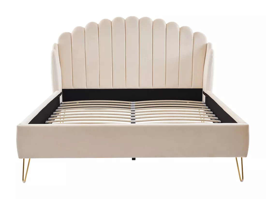 Lit 140 x 190 cm avec tête de lit ondulée - Velours - Beige - SAGALI