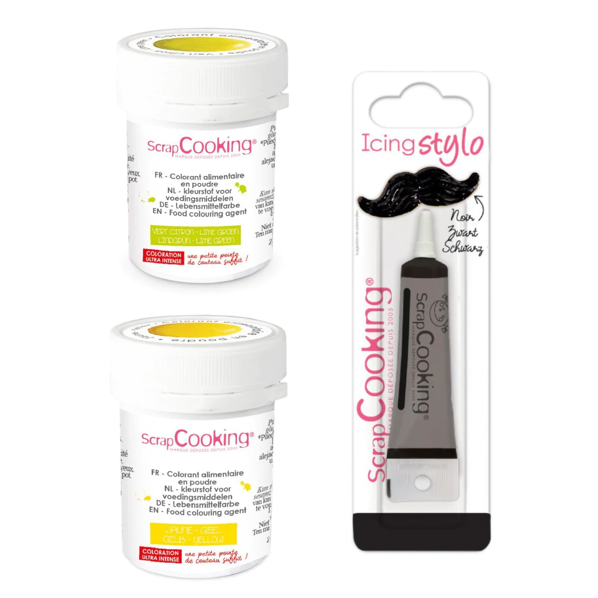 2 colorants alimentaires jaune-vert citron + Stylo glaçage noir Scrapc