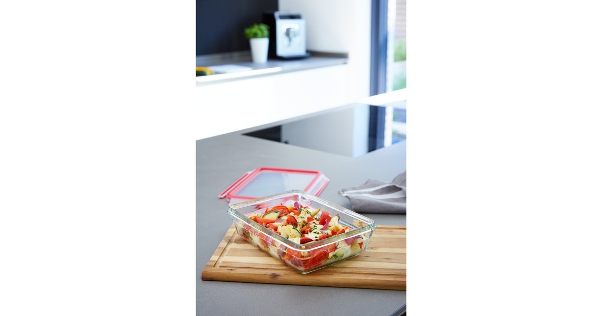 EmsaClip & Close Glazen vershoudbakje, 0,7 L doos  (Transparant/rood, rechthoekig)